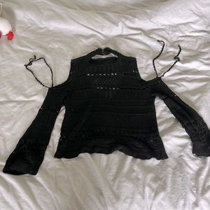 TOPSHOP Sz 6 Cold Shoulder Knit Top - Black Viscose, Bell Sleeve, Tie @ Shoulder